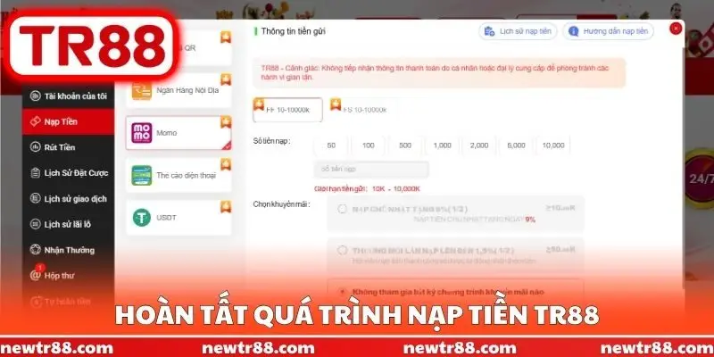 Hoàn tất quá trình nạp tiền TR88