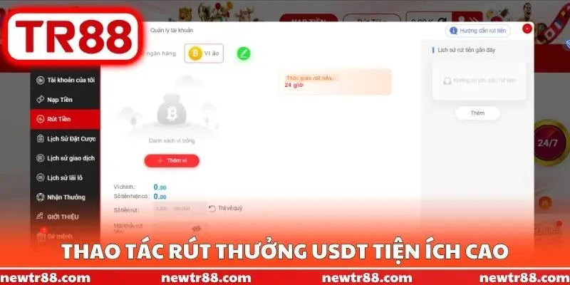 Thao tác rút thưởng USDT tiện ích cao