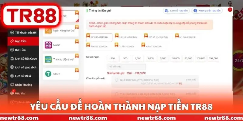 Yêu cầu để hoàn thành nạp tiền TR88